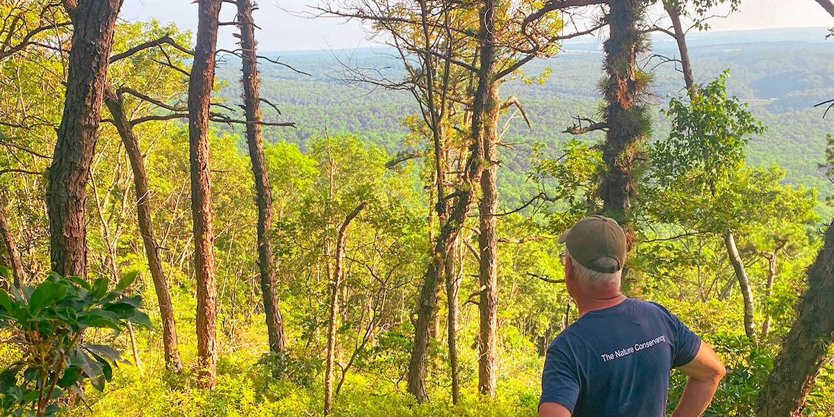 A person stands on a trail overlook, looking out at high mountain tops.
