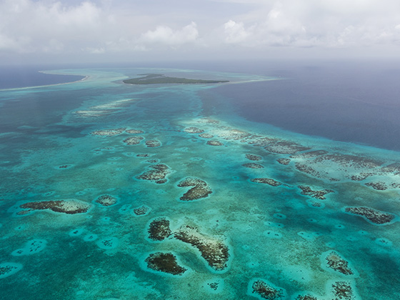 Aerial view of shallow reefs in Belize.